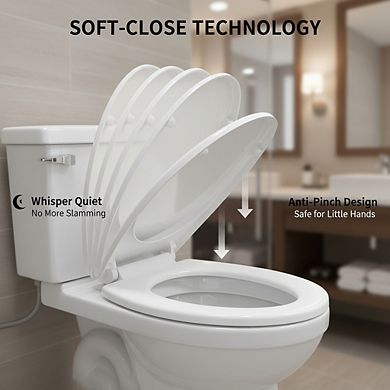 Round Soft Close Toilet Seat, White Easy-Clean for Bathroom