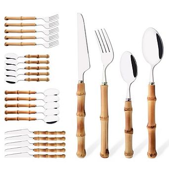24 pc 100% Bamboo Handle Stainless Steel Flatware Set, Service for 6, Forks Spoons Knives