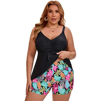 Women's Plus Size 2 Pcs Swimsuit Sets Push Up Tummy Control Shirring Drawstring Swimwear with Bottom