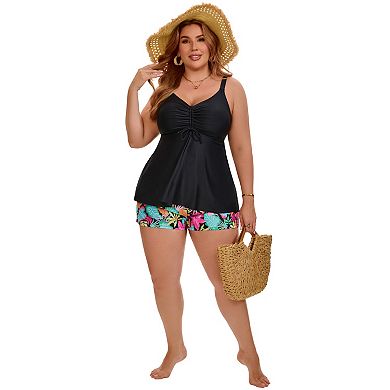 Women's Plus Size 2 Pcs Swimsuit Sets Push Up Tummy Control Shirring Drawstring Swimwear with Bottom