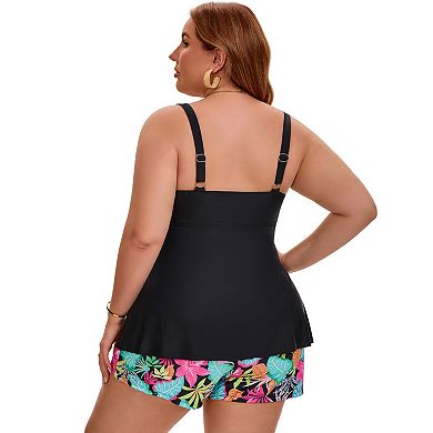Women's Plus Size 2 Pcs Swimsuit Sets Push Up Tummy Control Shirring Drawstring Swimwear with Bottom