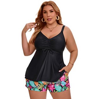 Women's Plus Size 2 pc Swimsuit Sets Push Up Tummy Control Shirring Drawstring Swimwear with Bottom