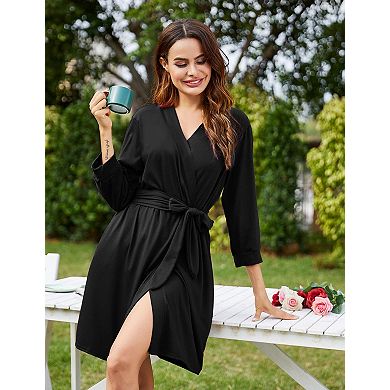Womens Short Knit Bathrobe 3/4 Sleeves Soft Sleepwear With Pockets Lightweight Ladies Robe