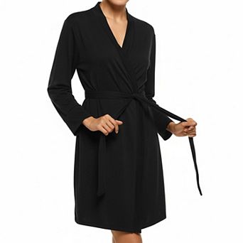 Womens Short Knit Bathrobe 3/4 Sleeves Soft Sleepwear With Pockets Lightweight Ladies Robe