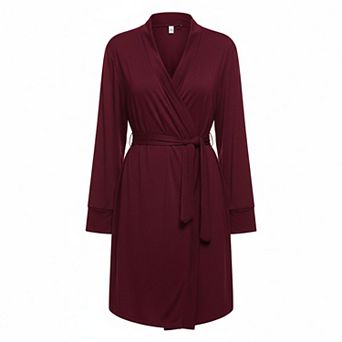 Womens Short Knit Bathrobe 3/4 Sleeves Soft Sleepwear With Pockets Lightweight Ladies Robe