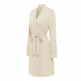 Womens Short Knit Bathrobe 3/4 Sleeves Soft Sleepwear With Pockets Lightweight Ladies Robe