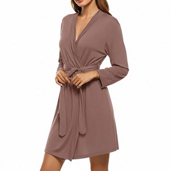 Womens Short Knit Bathrobe 3/4 Sleeves Soft Sleepwear With Pockets Lightweight Ladies Robe