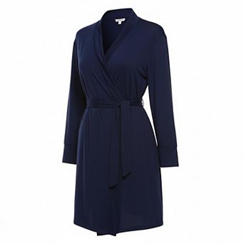 Womens Short Knit Bathrobe 3/4 Sleeves Soft Sleepwear With Pockets Lightweight Ladies Robe