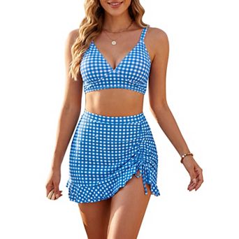 Women's Leopard Plaid Polka Dots Bikini Sets 2 pc Strappy Tops Ruffled Skirt Swimwear
