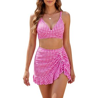 Women's Leopard Plaid Polka Dots Bikini Sets 2 pc Strappy Tops Ruffled Skirt Swimwear