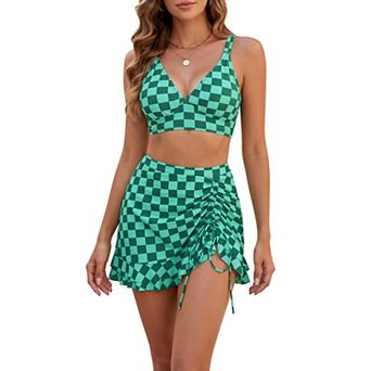 Women's Leopard Plaid Polka Dots Bikini Sets 2 pc Strappy Tops Ruffled Skirt Swimwear