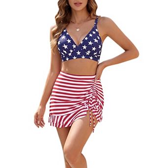 Women's Leopard Plaid Polka Dots Bikini Sets 2 pc Strappy Tops Ruffled Skirt Swimwear