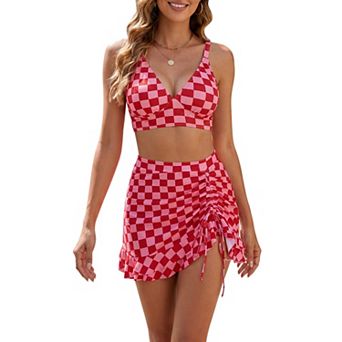 Women's Leopard Plaid Polka Dots Bikini Sets 2 pc Strappy Tops Ruffled Skirt Swimwear