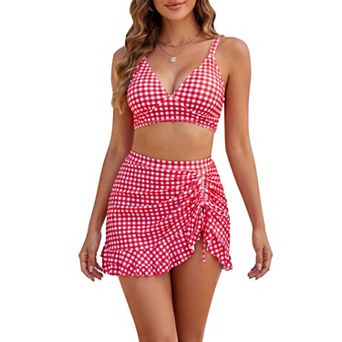 Women's Leopard Plaid Polka Dots Bikini Sets 2 pc Strappy Tops Ruffled Skirt Swimwear