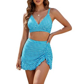 Women's Leopard Plaid Polka Dots Bikini Sets 2 pc Strappy Tops Ruffled Skirt Swimwear