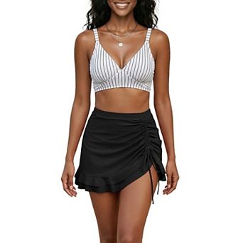 Women's Leopard Plaid Polka Dots Bikini Sets 2 pc Strappy Tops Ruffled Skirt Swimwear