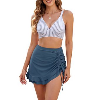 Women's Leopard Plaid Polka Dots Bikini Sets 2 pc Strappy Tops Ruffled Skirt Swimwear