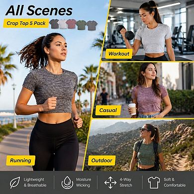 5-Pack Women T Shirts Crop Top Athletic Activewear Tees Dry fit