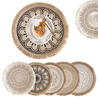 MOEPLSY Handmade Woven Fringe Placemats Set of 6, 13×13 Inch Round Table Mats for Decor