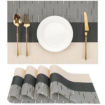MOEPLSY Beige Black Woven Vinyl Placemats 4 pc Non-Slip Heat Resistant Washable Table Mats