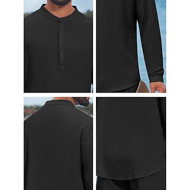 Men's Linen 2 Pieces Sets Long Sleeve Beach Shirt and Pants Casual Outfits