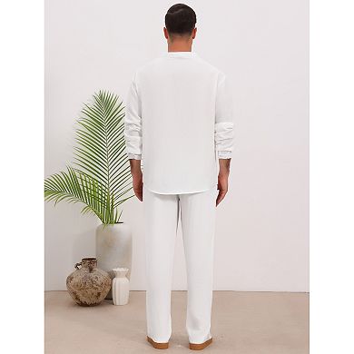 Men's Linen 2 Pieces Sets Long Sleeve Beach Shirt and Pants Casual Outfits