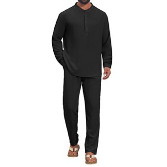 Men's Linen 2 pc Sets Long Sleeve Beach Shirt and Pants Casual Outfits