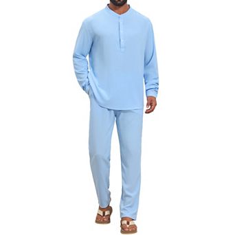 Men's Linen 2 pc Sets Long Sleeve Beach Shirt and Pants Casual Outfits