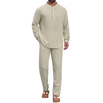 Men's Linen 2 pc Sets Long Sleeve Beach Shirt and Pants Casual Outfits