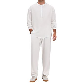 Men's Linen 2 pc Sets Long Sleeve Beach Shirt and Pants Casual Outfits