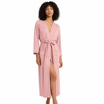 Womens Cotton Robe Soft Kimono Spa Knit Long Bathrobe Lightweight Loungewear Pockets Ties