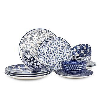 MOEPLSY12 pc Vintage Blue Ceramic Dinnerware Set, Scratch Resistant Plates and Bowls, Microwave
