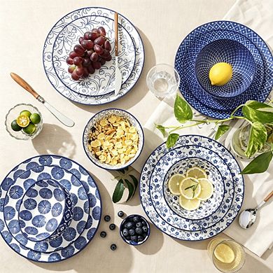 MOEPLSY12-Piece Vintage Blue Ceramic Dinnerware Set, Scratch Resistant Plates and Bowls, Microwave
