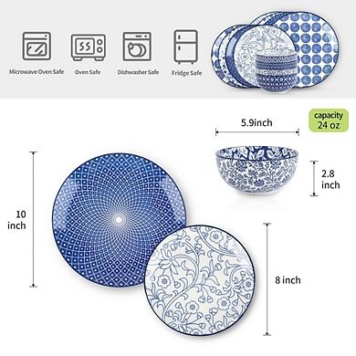 MOEPLSY12-Piece Vintage Blue Ceramic Dinnerware Set, Scratch Resistant Plates and Bowls, Microwave