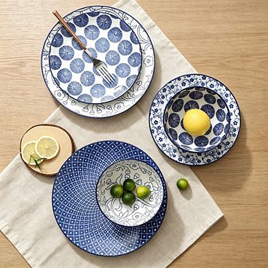 MOEPLSY12-Piece Vintage Blue Ceramic Dinnerware Set, Scratch Resistant Plates and Bowls, Microwave