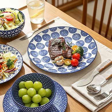 MOEPLSY12-Piece Vintage Blue Ceramic Dinnerware Set, Scratch Resistant Plates and Bowls, Microwave