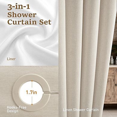 Ringless Linen Textured Shower Curtain with Snap-in Liner, Waterproof