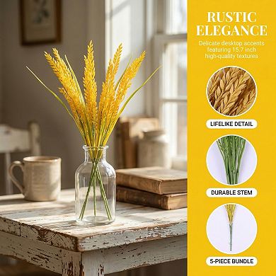 5 Pcs Artificial Wheat Stems 15.7" Realistic Faux Wheat Ears Stems Plastic Grain Plants for Decor