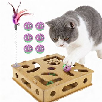 1Set Cat Toys for Indoor Cats, Interactive Wooden Puzzle Toy Box Wood Color
