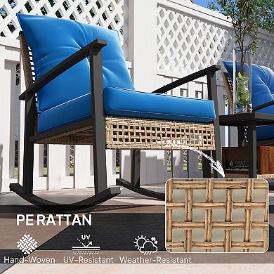 3-Piece Outdoor Rocking Chair Set with Cushions and Side Table