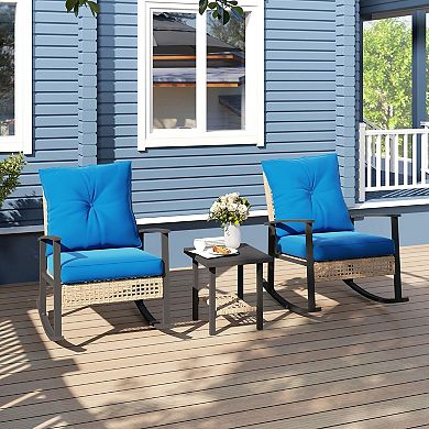 3-Piece Outdoor Rocking Chair Set with Cushions and Side Table