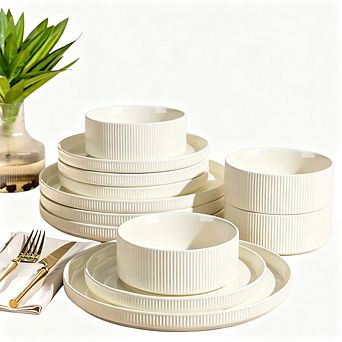 MOEPLSY12 pc Beige Ceramic Dinnerware Set, Lightweight Porcelain Plates and Bowls