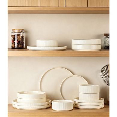 MOEPLSY12-Piece Beige Ceramic Dinnerware Set, Lightweight Porcelain Plates and Bowls
