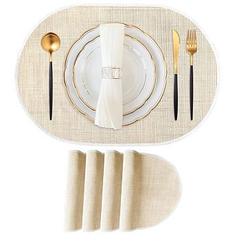 MOEPLSY Oval Beige Washable Placemats 4 Pack, Heat Resistant Wipeable Table Mats for Dining