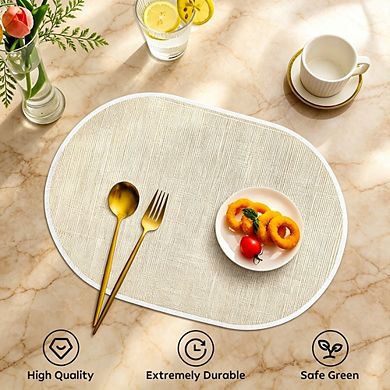 MOEPLSY Oval Beige Washable Placemats 4 Pack, Heat Resistant Wipeable Table Mats for Dining