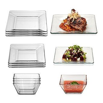 MOEPLSY12 pc Square Clear Glass Dinnerware Set, Sleek Modern Plates and Bowls, Dishwasher Safe