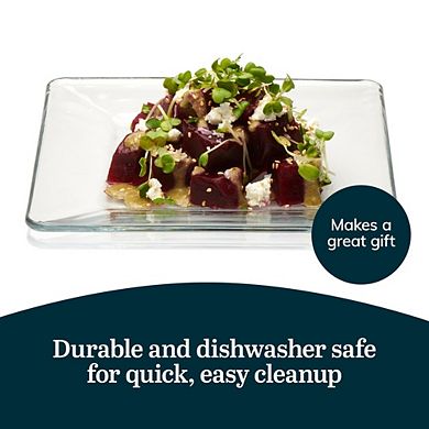 MOEPLSY12-Piece Square Clear Glass Dinnerware Set, Sleek Modern Plates and Bowls, Dishwasher Safe