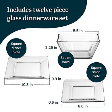 MOEPLSY12-Piece Square Clear Glass Dinnerware Set, Sleek Modern Plates and Bowls, Dishwasher Safe