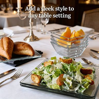 MOEPLSY12-Piece Square Clear Glass Dinnerware Set, Sleek Modern Plates and Bowls, Dishwasher Safe