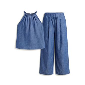 Girls 5-12 Summer 2 pc Outfits Sleeveless Halter Tank Tops and Pants with Pockets Clothing Sets